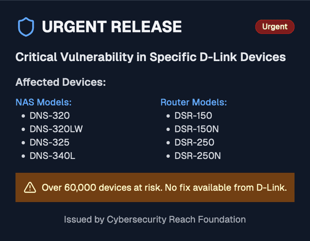 🚨 URGENT RELEASE: Critical Vulnerability in D-Link Devices (Routers and Network Attached Storage) 🚨