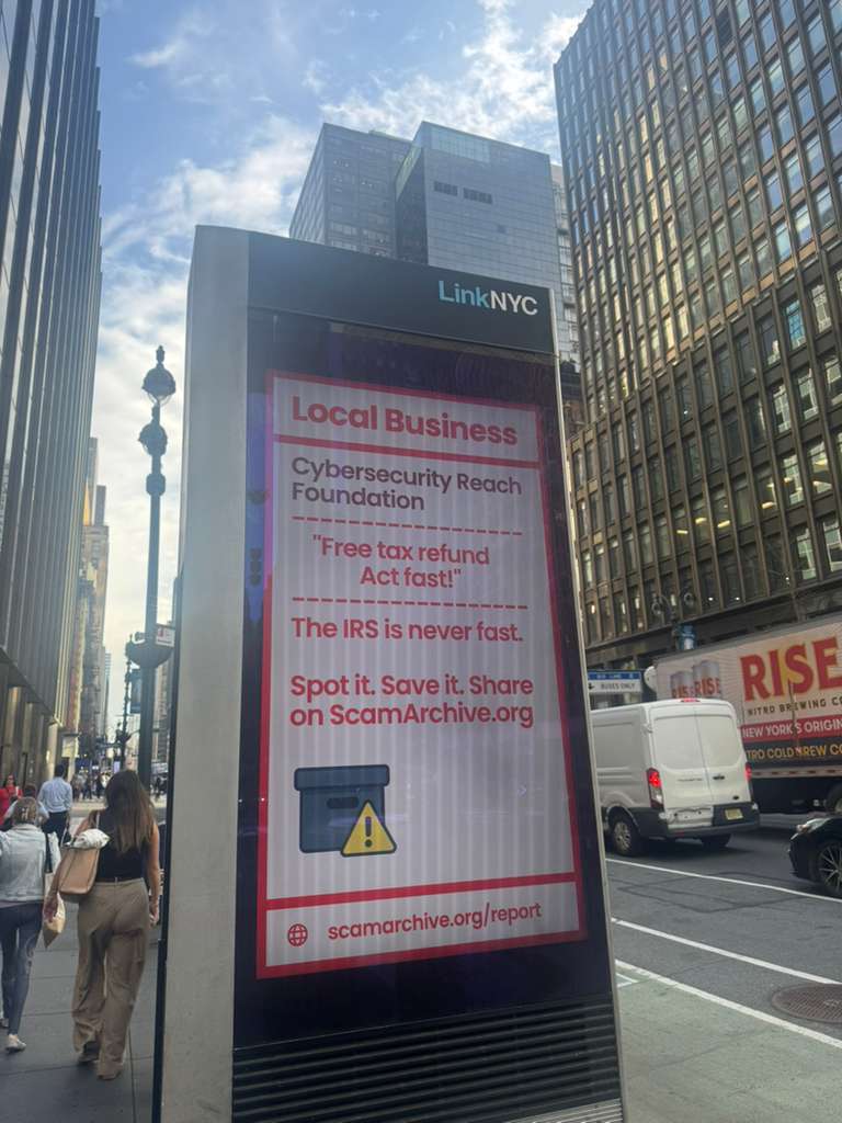 LinkNYC tax-season scam awareness kiosk